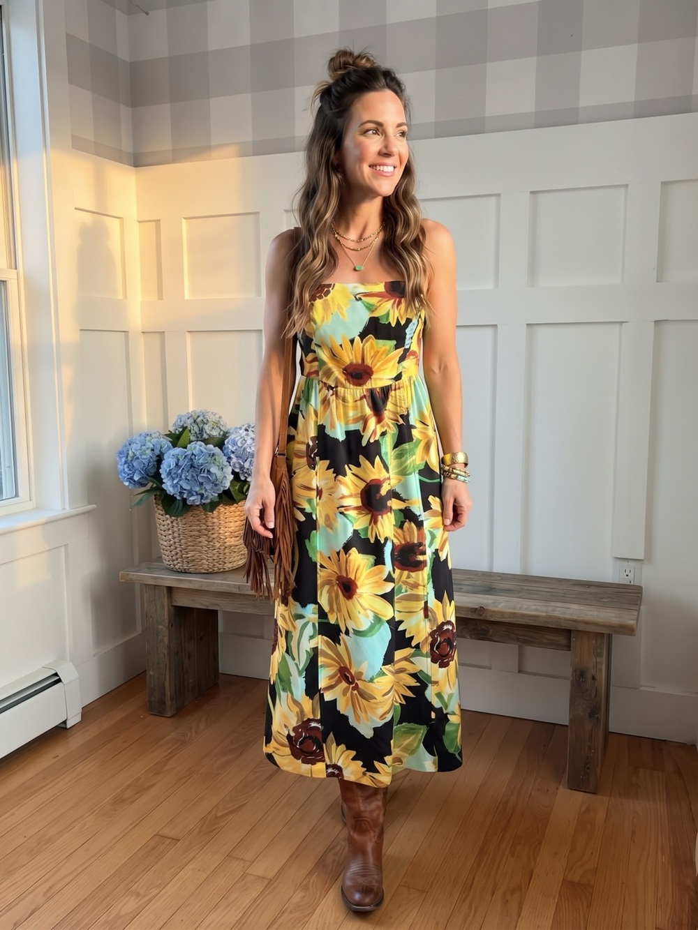 Anthropologie Maeve Black & Yellow Sunflower Midi Dress XL